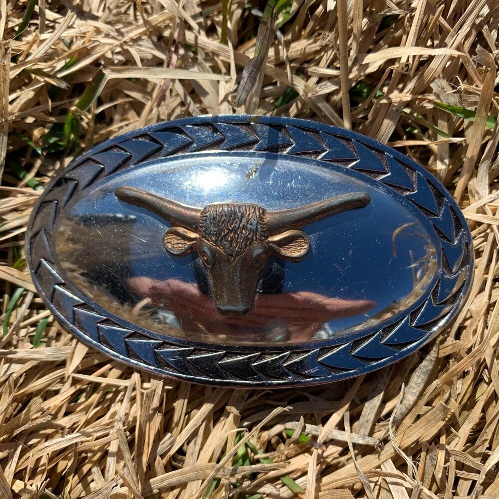 Vintage Texas Longhorn Western Belt Buckle Oval Silver Gold Tone - Picture 2 of 5